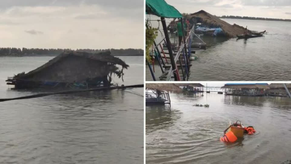 柬埔寨某水上餐厅遭暴风雨袭击，游客落荒而逃！