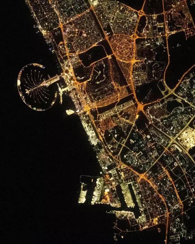 阿联酋宇航员发布迪拜航拍照片夜晚的迪拜灯火通明